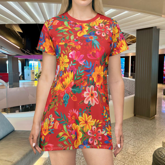 Bright Bold Watercolor Flowers - Scarlet - T-Shirt Dress