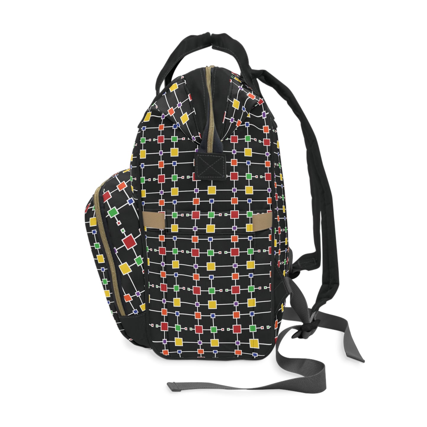 Geometric White Grid with Squares - Black 000000 - Multifunctional Diaper Backpack