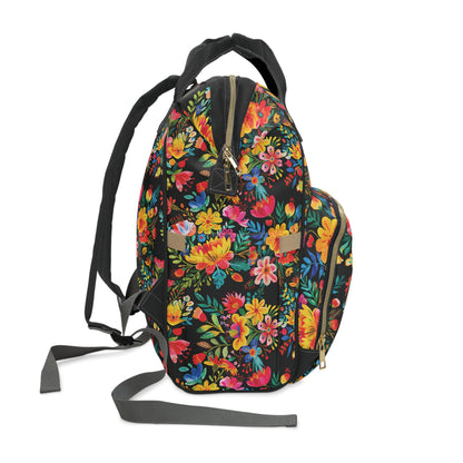 Bright Bold Watercolor Flowers - Black 000000  - Multifunctional Diaper Backpack