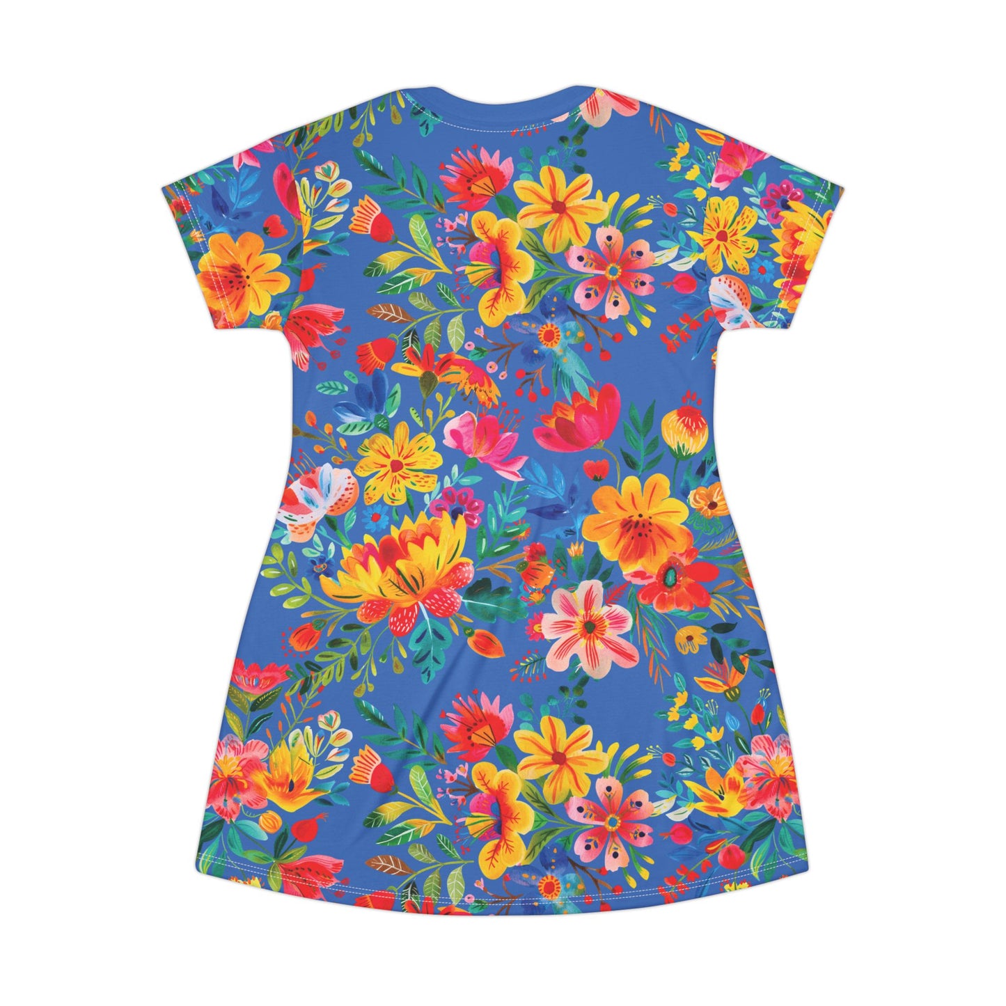 Bright Bold Watercolor Flowers - Azure - T-Shirt Dress