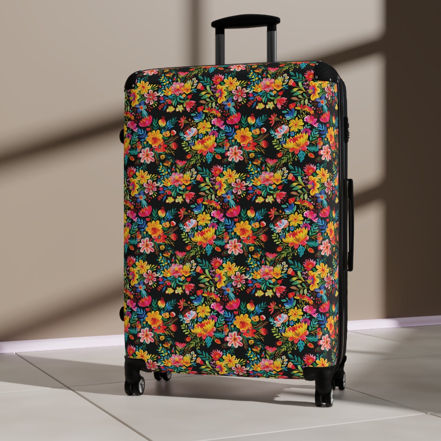 Bright Bold Watercolor Flowers - Black - Suitcases