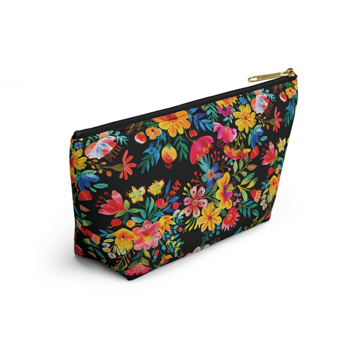 Bright Bold Watercolor Flowers - Black 000000 - Accessory Pouch w T-bottom