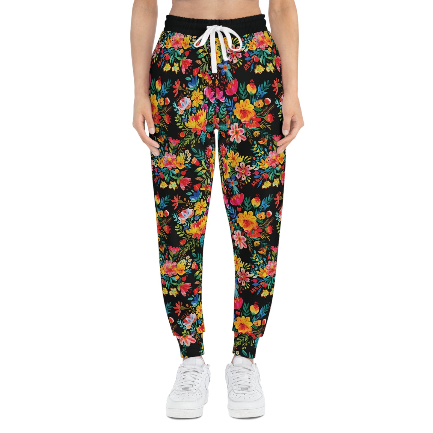 Bright Bold Watercolor Flowers - Black 000000 - Athletic Joggers