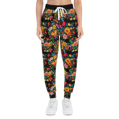 Bright Bold Watercolor Flowers - Black 000000 - Athletic Joggers