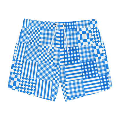 Blue and White Geometric Patchwork - Swim Trunks