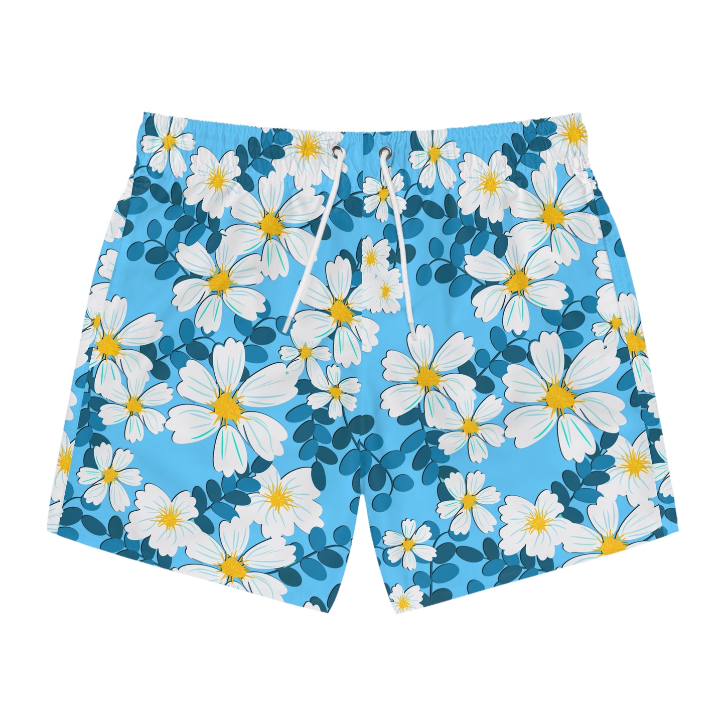 White Flowers on Blue - Swim Trunks