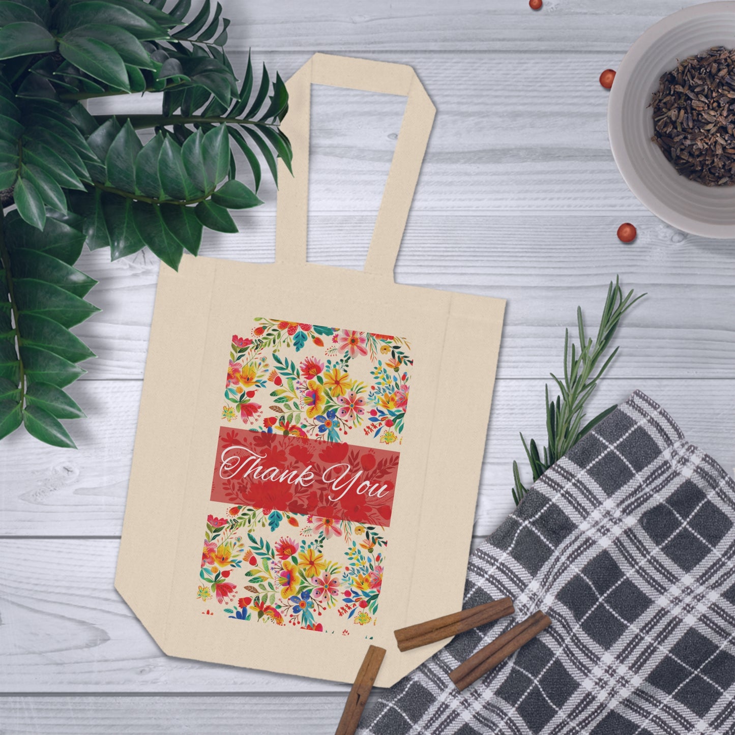 Double Wine Tote Bag - Thank You - Bright Bold Watercolor Flowers