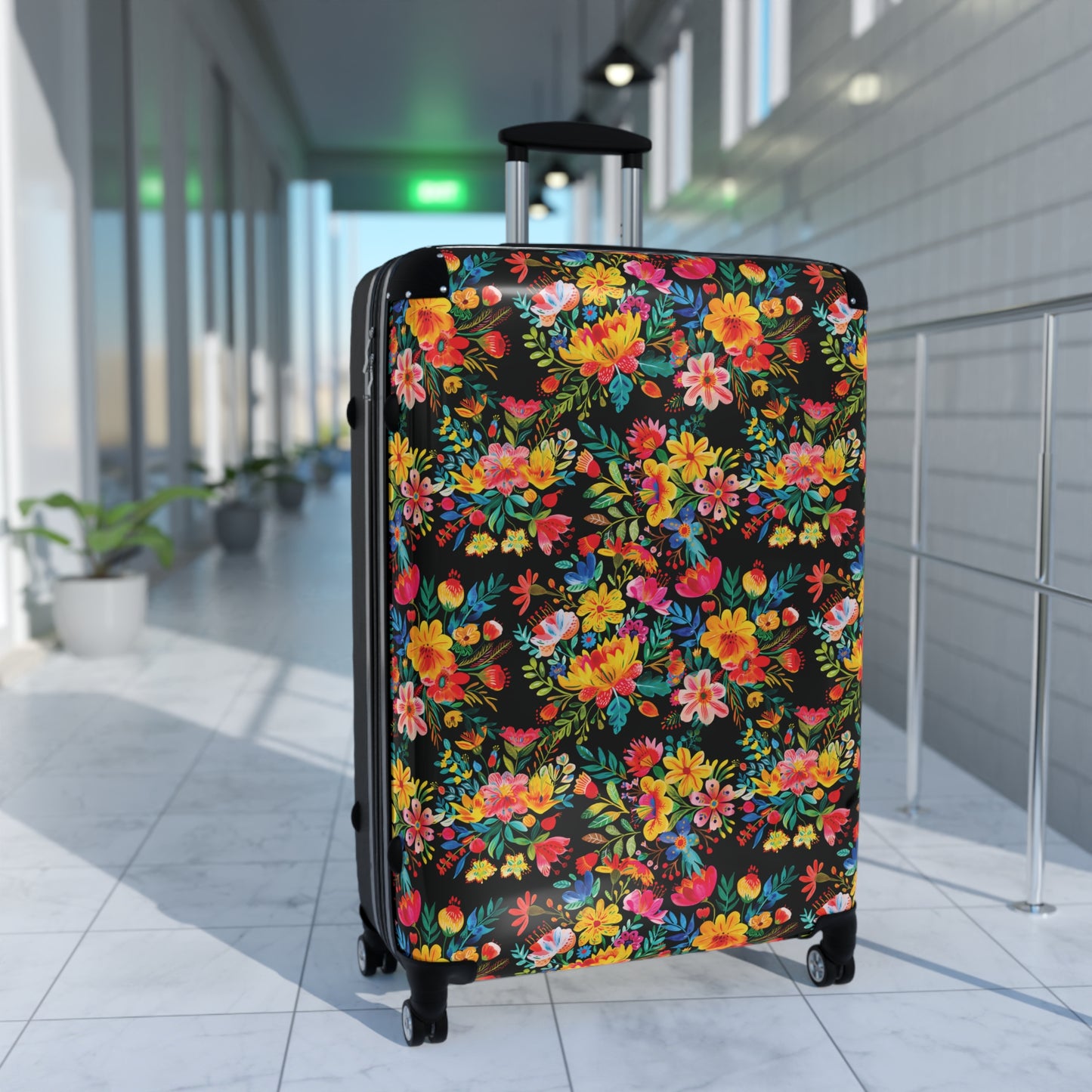 Bright Bold Watercolor Flowers - Black 000000 - Suitcase