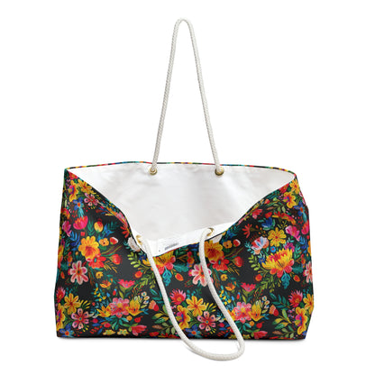 Bright Bold Watercolor Flowers - Black 000000 - Weekender Bag