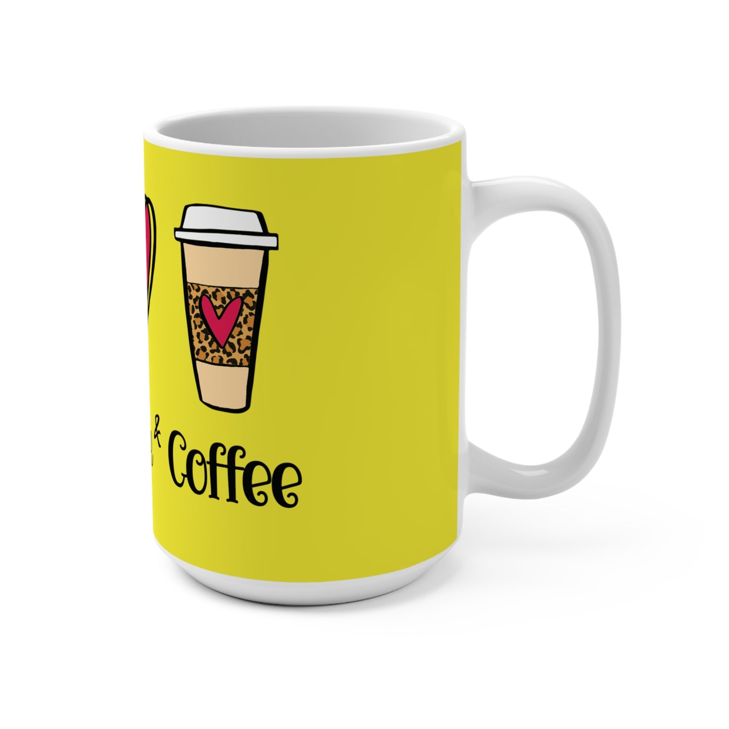 Peace Love and Coffee - Yellow fff800 - Mug 15oz