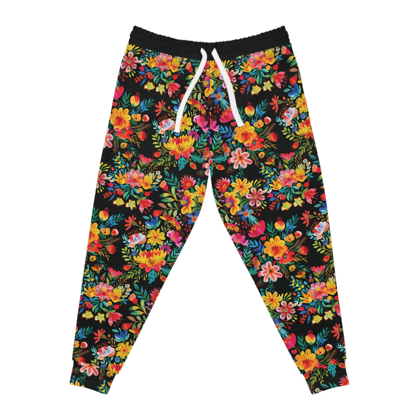 Bright Bold Watercolor Flowers - Black 000000 - Athletic Joggers