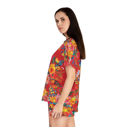 Bright Bold Watercolor Flowers Women's Pajama Set - Scarlet