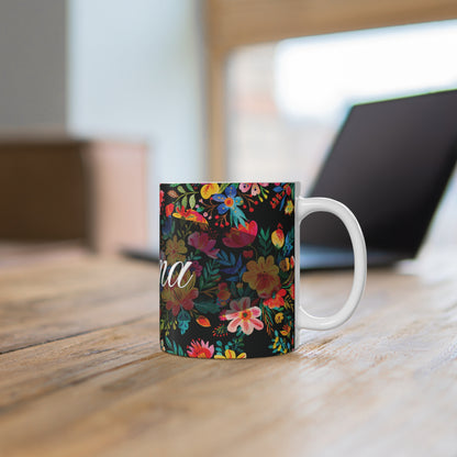 Emma - Bright Bold Watercolor Flowers - Black 000000 - Mug 11oz