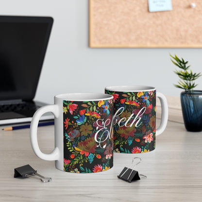 Elizabeth - Bright Bold Watercolor Flowers - Black 000000 - Mug 11oz