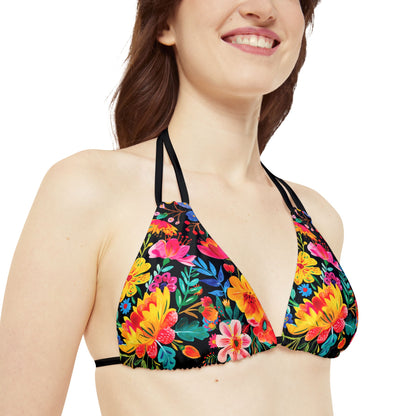 Bright Bold Watercolor Flowers - Black 000000 - Strappy Bikini Set