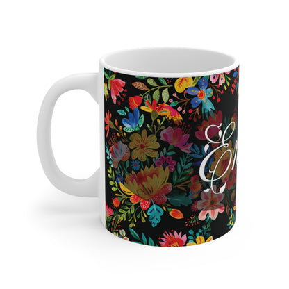 Emma - Bright Bold Watercolor Flowers - Black 000000 - Mug 11oz