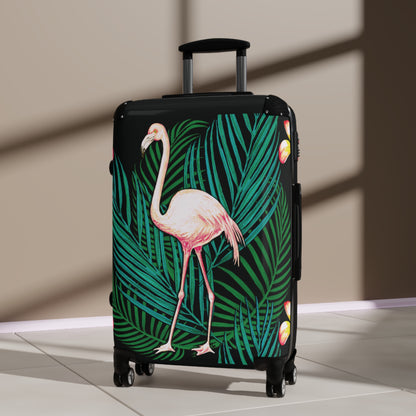 Suitcase - Flamingo in Palms and Plumeria Tropical pattern - Black