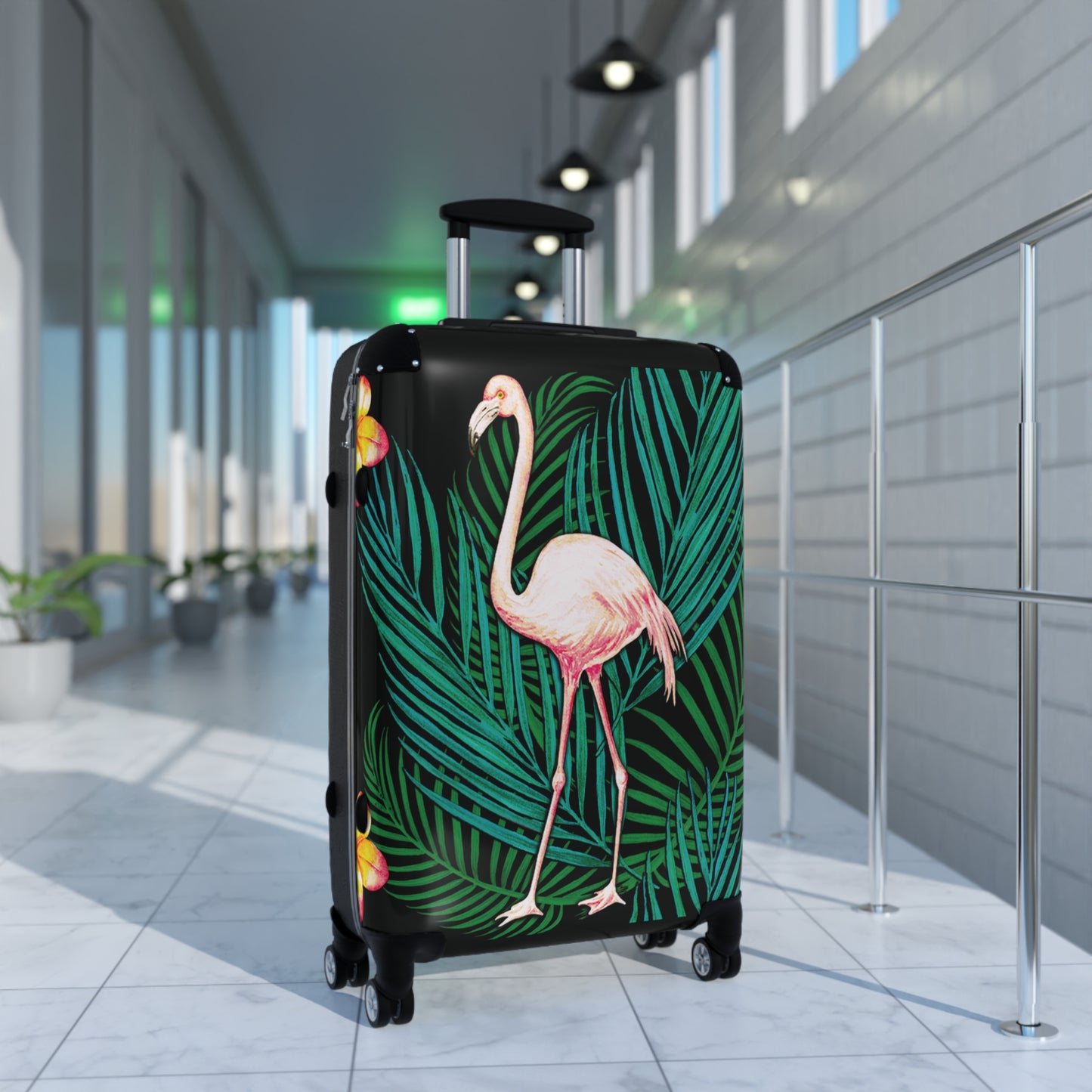 Suitcase - Flamingo in Palms and Plumeria Tropical pattern - Black