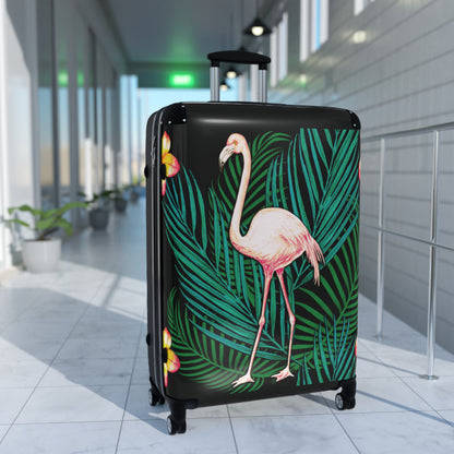 Suitcase - Flamingo in Palms and Plumeria Tropical pattern - Black