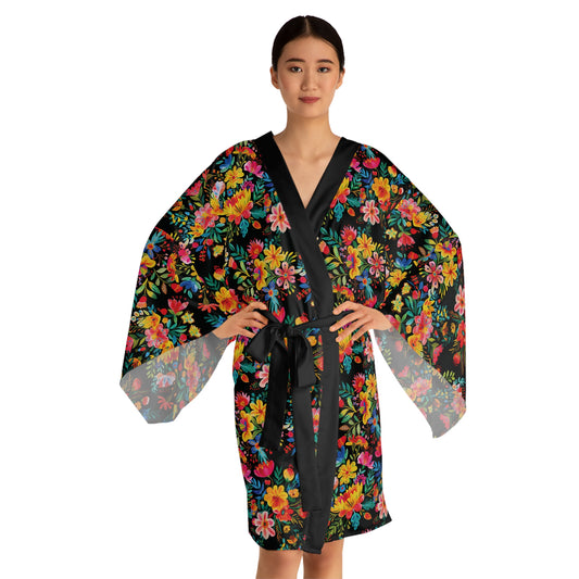 Bright Bold Watercolor Flowers - Black 000000 - Long Sleeve Kimono Robe (AOP)