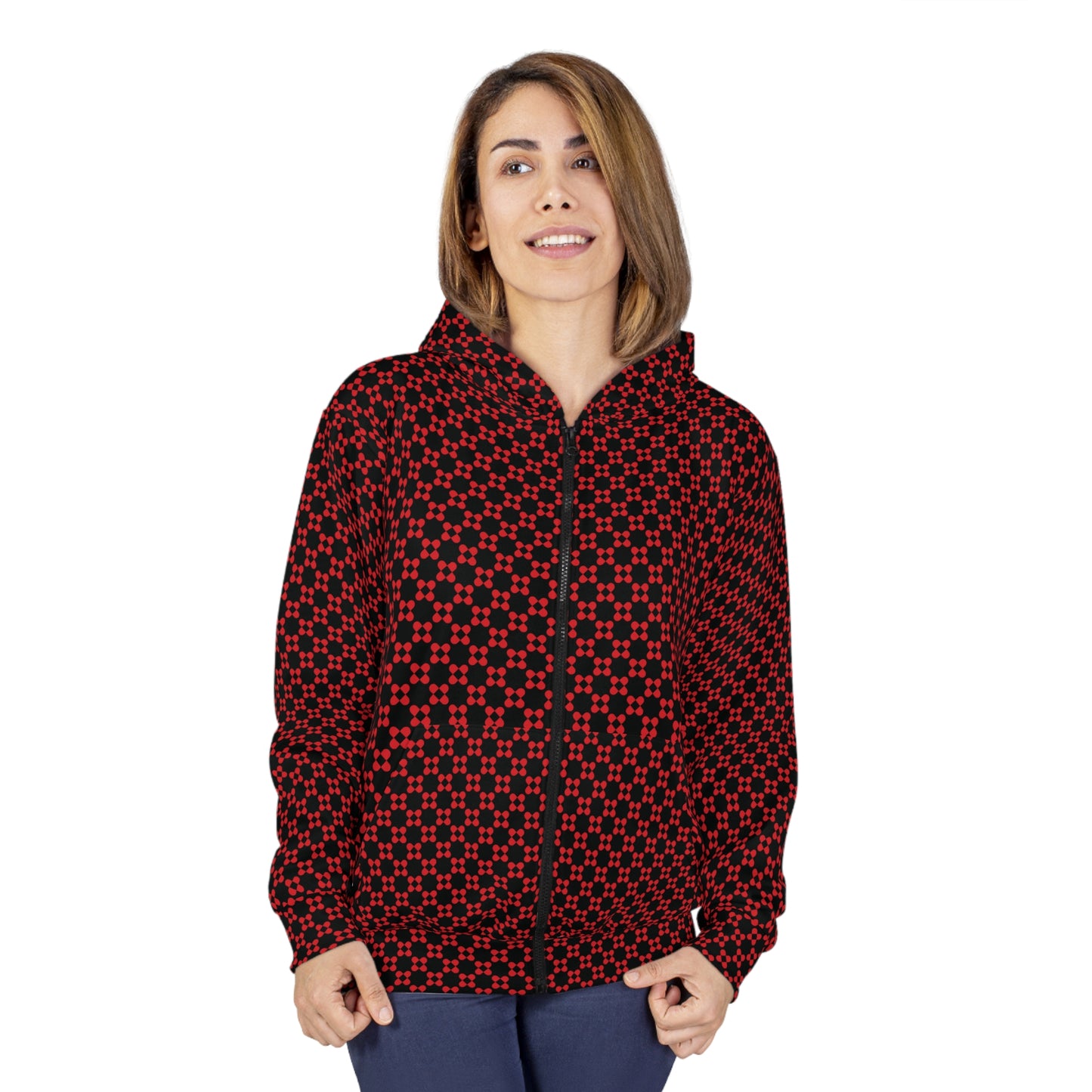 Pixel Petals - Red - Black - Unisex Zip Hoodie