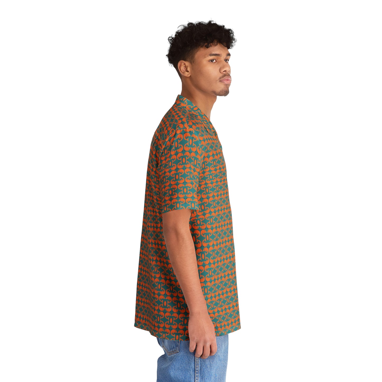 Playful Dolphins - Orange - Aqua 008E97 - Men's Hawaiian Shirt