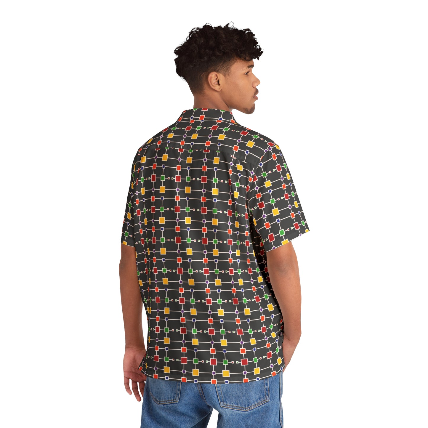 Geometric White Grid with Squares - Black 000000 - Men's Hawaiian Shirt (AOP)