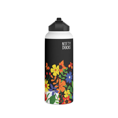 Bright Summer flowers - Logo - Black - Stainless Steel Water Bottle, Standard Lid