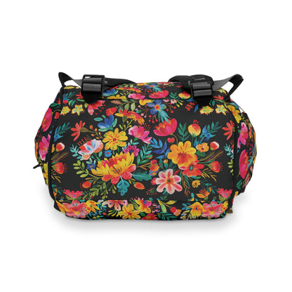 Bright Bold Watercolor Flowers - Black 000000  - Multifunctional Diaper Backpack