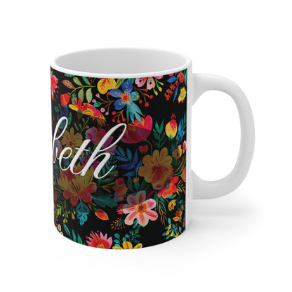 Elizabeth - Bright Bold Watercolor Flowers - Black 000000 - Mug 11oz