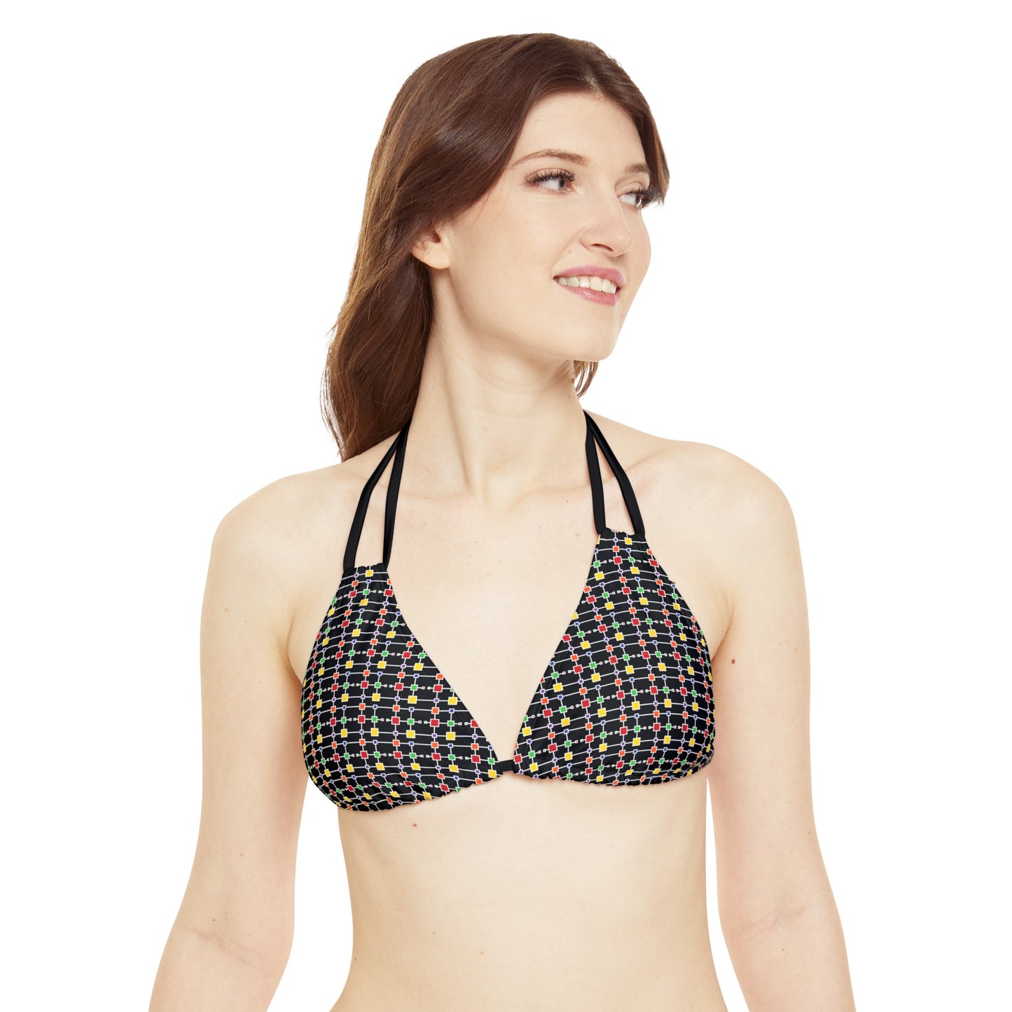 Geometric White Grid with Squares - Black 000000 - Strappy Bikini Set