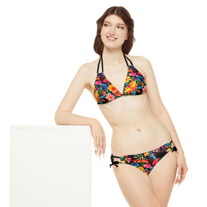 Bright Bold Watercolor Flowers - Black 000000 - Strappy Bikini Set