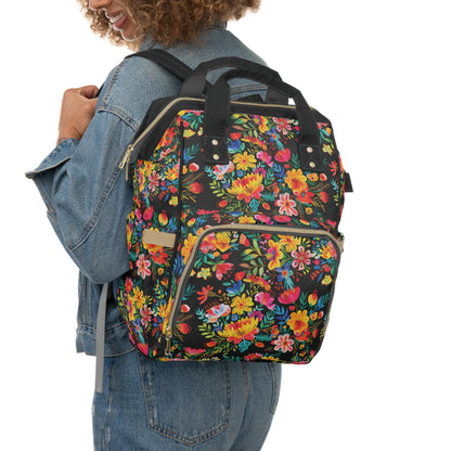 Bright Bold Watercolor Flowers - Black 000000  - Multifunctional Diaper Backpack