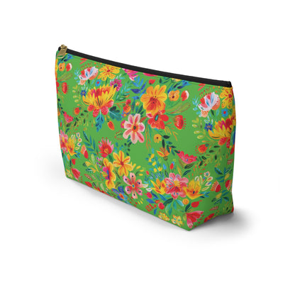 Bright Bold Watercolor Flowers - Bright Apple Green 56BD00 - Accessory Pouch w T-bottom