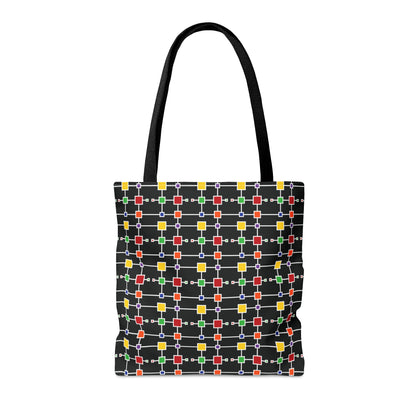 Geometric White Grid with Squares - Black 000000 - Tote Bag