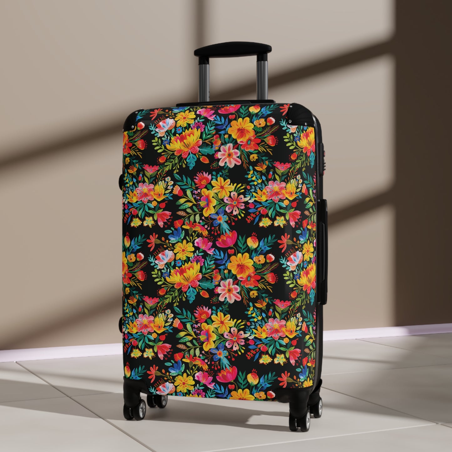 Bright Bold Watercolor Flowers - Black 000000 - Suitcase