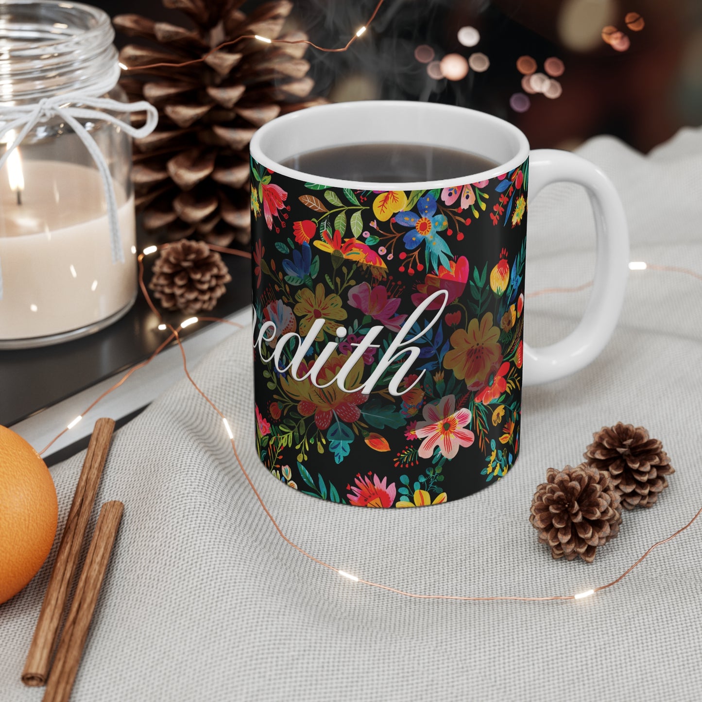 Meredith - Bright Bold Watercolor Flowers - Black 000000 - Mug 11oz