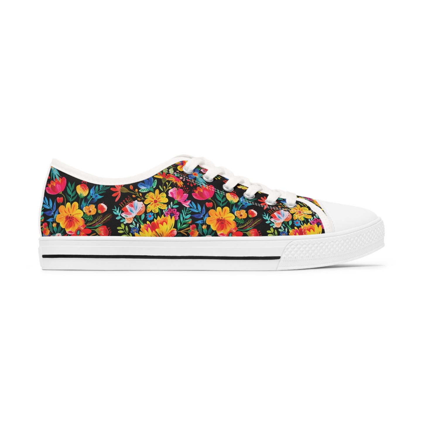 Bright Bold Watercolor Flowers - Black 000000 - Women's Low Top Sneakers