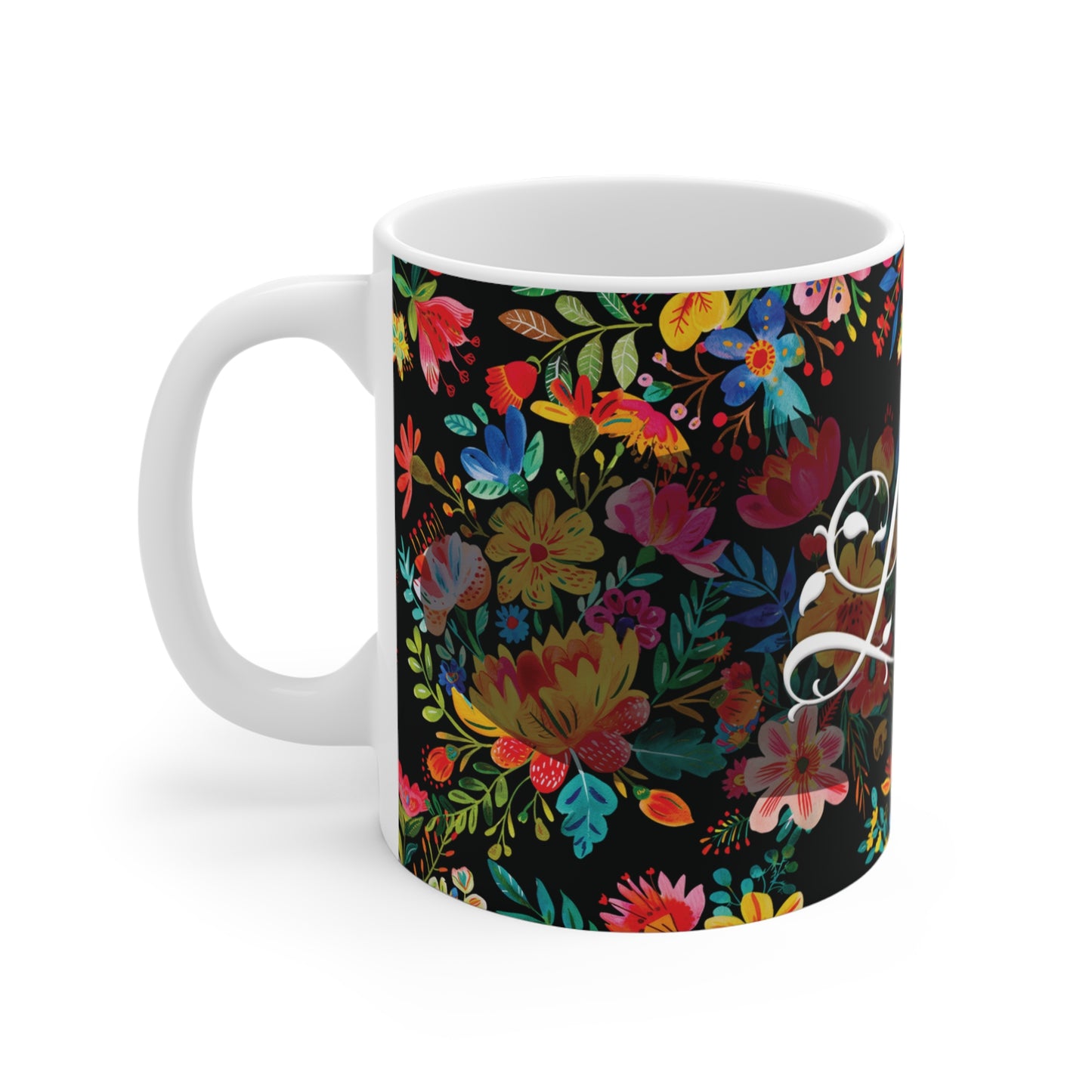 Luna - Bright Bold Watercolor Flowers - Black 000000 - Mug 11oz