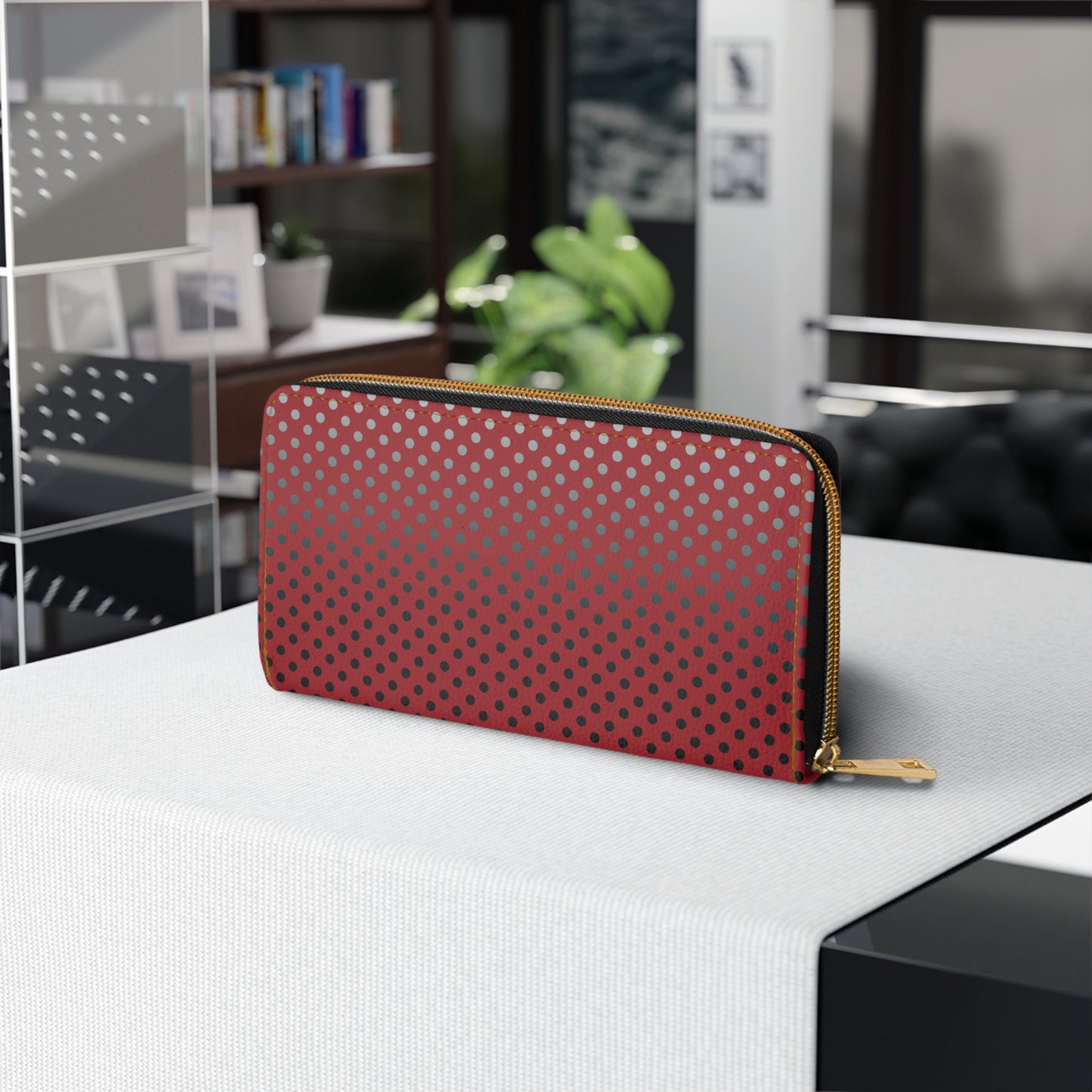 Red with Black Gray White Dots - Zipper Wallet