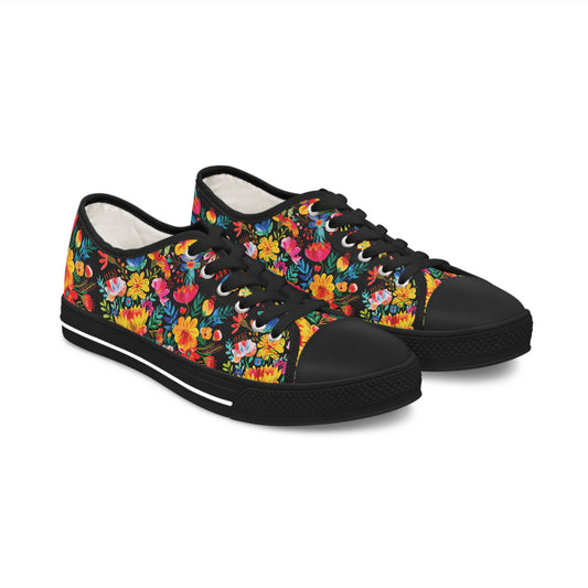 Bright Bold Watercolor Flowers - Black 000000 - Women's Low Top Sneakers