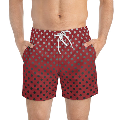 Red with Black Gray White Dots - Swim Trunks