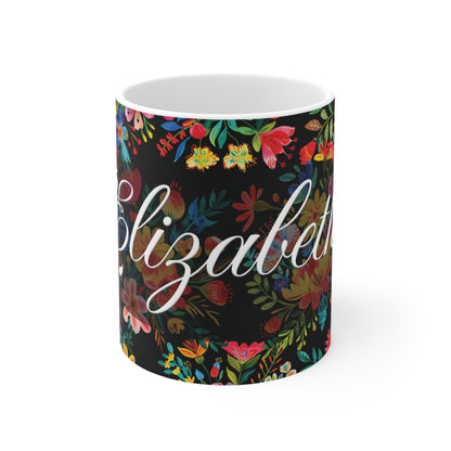 Elizabeth - Bright Bold Watercolor Flowers - Black 000000 - Mug 11oz