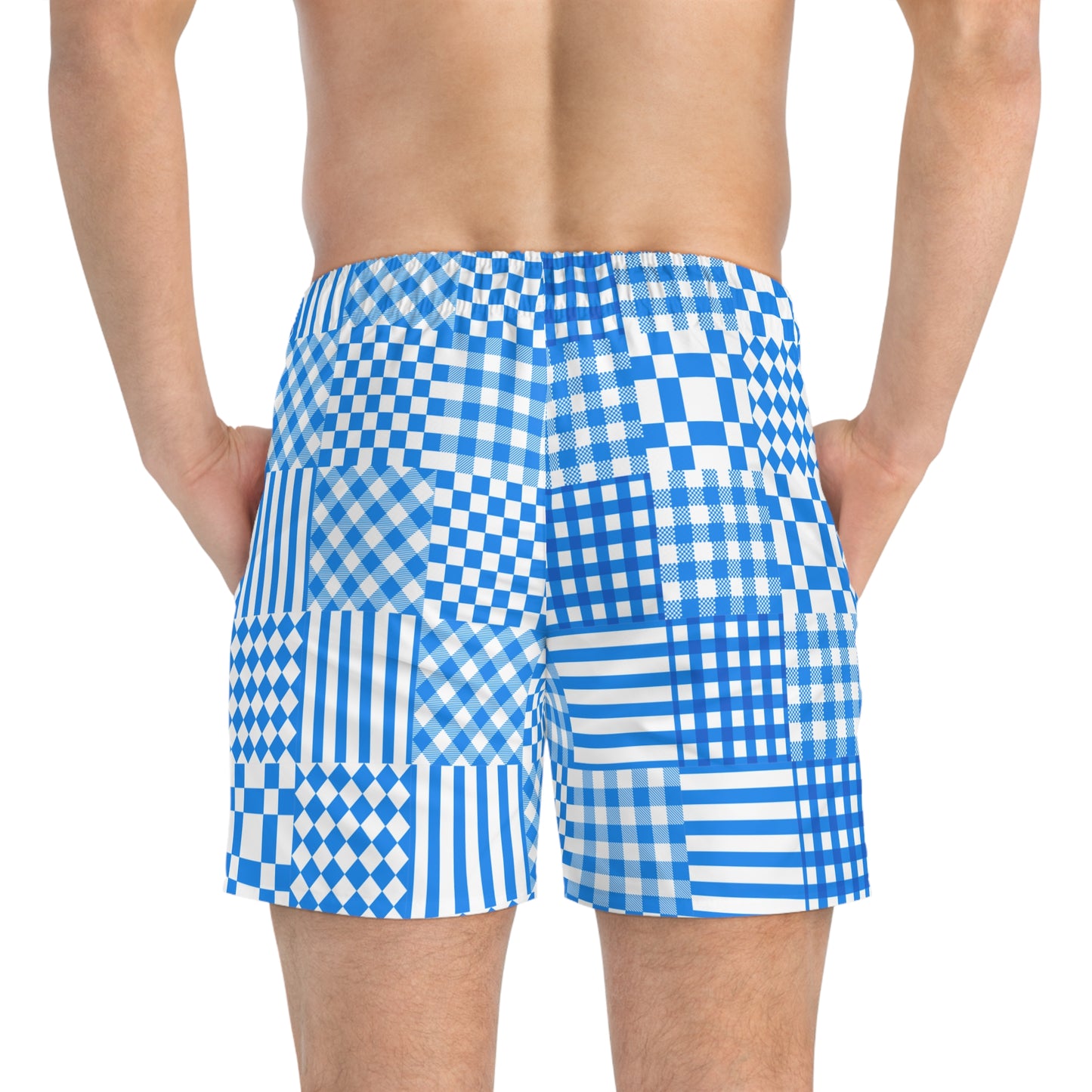 Blue and White Geometric Patchwork - Swim Trunks