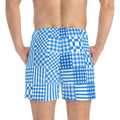 Blue and White Geometric Patchwork - Swim Trunks