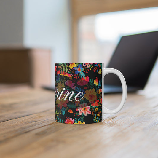 Katherine - Bright Bold Watercolor Flowers - Black 000000 - Mug 11oz