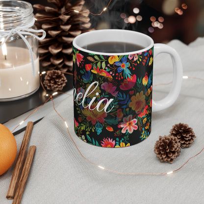 Amelia - Bright Bold Watercolor Flowers - Black 000000 - Mug 11oz