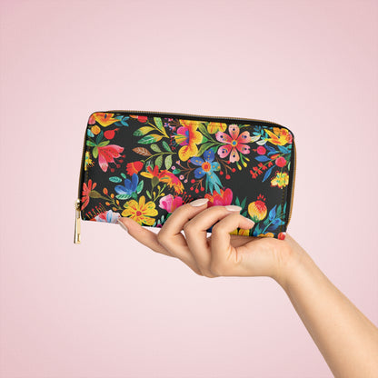 Bright Bold Watercolor Flowers - Black 000000 - Zipper Wallet