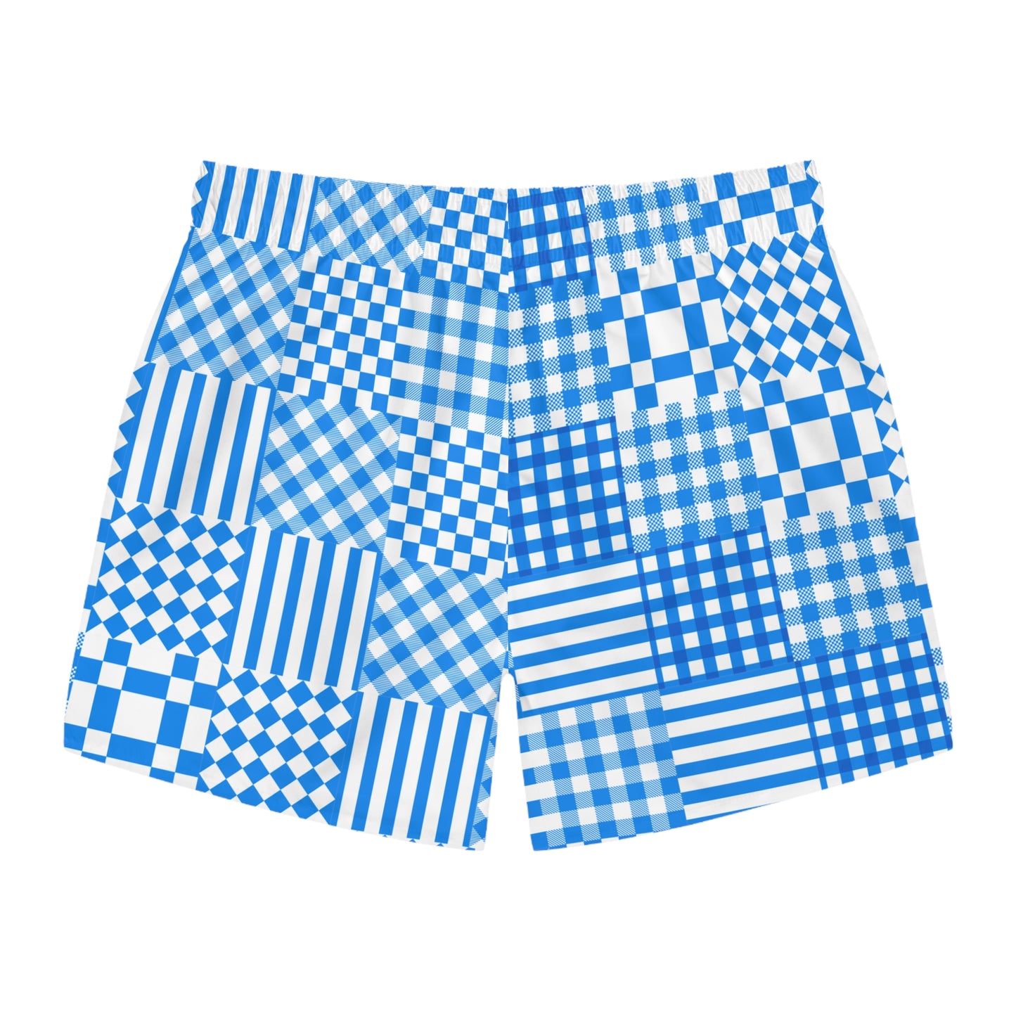 Blue and White Geometric Patchwork - Swim Trunks