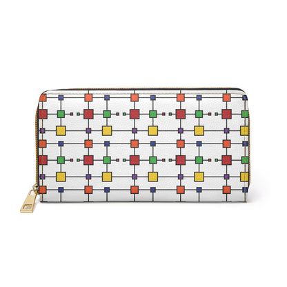 Geometric Black Grid with Squares - White ffffff - Zipper Wallet